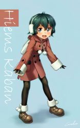 Rule 34 | 10s, 1girl, :d, alternate costume, black pantyhose, blue background, commentary request, earmuffs, full body, hair between eyes, highres, hood, hooded coat, kaban (kemono friends), kemono friends, open mouth, pantyhose, pom pom (clothes), signature, simple background, smile, solo, welt (kinsei koutenkyoku)