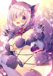 Rule 34 | 1girl, animal ears, bow, breasts, eyes visible through hair, fang, fate/grand order, fate (series), fingernails, fur trim, gloves, hair over one eye, long fingernails, mash kyrielight, mash kyrielight (dangerous beast), medium breasts, midriff, mitsumomo mamu, navel, o-ring, o-ring top, official alternate costume, open mouth, purple eyes, purple gloves, purple hair, purple thighhighs, revealing clothes, sharp fingernails, short hair, sitting, solo, stomach, tail, thighhighs, wolf ears, wolf tail