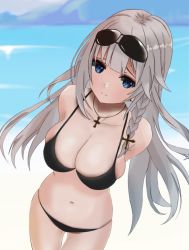 Rule 34 | 1girl, alternate costume, arms behind back, azur lane, bare shoulders, beach, bikini, black bikini, blue eyes, braid, breasts, cleavage, closed mouth, collarbone, cross, cross hair ornament, cross necklace, eyewear on head, feet out of frame, grey hair, hair ornament, jewelry, light blush, light smile, long hair, looking at viewer, mainz (azur lane), medium breasts, navel, necklace, single braid, solo, standing, sunglasses, swimsuit, water
