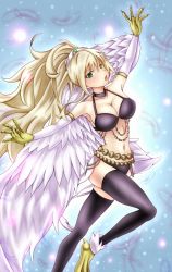 Rule 34 | 1girl, armpits, bare shoulders, bikini, black bikini, black thighhighs, blonde hair, blush, breasts, claws, cleavage, collarbone, duel monster, feathers, female focus, green eyes, halterneck, harpie dancer, harpy, large breasts, legs, long hair, looking at viewer, monster girl, navel, open mouth, outstretched arms, ponytail, ryuu (blackdeeno), solo, swimsuit, thighhighs, winged arms, wings, yu-gi-oh!