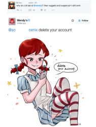 Rule 34 | 1girl, apron, bad id, bad pixiv id, blue eyes, braid, cellphone, censored, dress, english text, identity censor, invisible chair, long hair, looking at phone, phone, profanity, red hair, sitting, smartphone, smirk, solo, speech bubble, sret, striped clothes, striped dress, striped thighhighs, thighhighs, twin braids, twitter, vertical-striped clothes, vertical-striped dress, wendy&#039;s, wendy (wendy&#039;s)