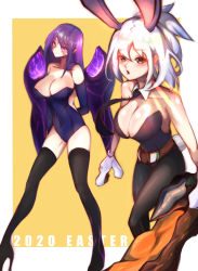Rule 34 | 2girls, absurdres, animal ears, bare arms, boots, breasts, brown eyes, cleavage, fake animal ears, gloves, high heel boots, high heels, highres, kai&#039;sa, large breasts, league of legends, leotard, multiple girls, pantyhose, pink eyes, playboy bunny, ponytail, purple hair, rabbit ears, rabbit tail, riven (league of legends), silver hair, sword, tail, thigh boots, thighhighs, weapon