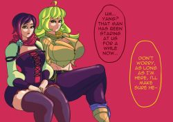 Rule 34 | 2girls, absurdres, black legwear, breasts, clothes, dedalo, english text, female focus, highres, huge breasts, long hair, makeup, medium hair, multiple girls, ruby rose, rwby, short hair, simple background, sitting, speech bubble, thighhighs, time stop, yang xiao long