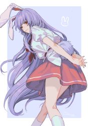 Rule 34 | 1girl, animal ears, artist name, back, blue background, blush, border, breasts, closed mouth, fingernails, from behind, grey shirt, grey socks, highres, long hair, looking at viewer, looking back, medium breasts, nail polish, necktie, noriuma, outside border, pink skirt, puffy short sleeves, puffy sleeves, purple hair, purple nails, rabbit ears, rabbit tail, red eyes, red necktie, reisen udongein inaba, shirt, short sleeves, simple background, skirt, smile, socks, solo, tail, touhou, white border