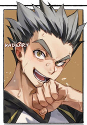 Rule 34 | 1boy, artist name, bokuto koutarou, clenched hand, close-up, commentary, forehead, green eyes, grey hair, haikyuu!!, hand up, kadeart, looking at viewer, lower teeth only, male focus, multicolored hair, open mouth, simple background, solo, solo focus, spiked hair, sweat, teeth, thick eyebrows, two-tone hair, upper body, upper teeth only, v-shaped eyebrows