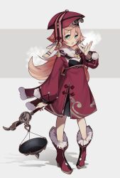 Rule 34 | 1girl, :o, absurdres, alternate costume, antlers, boots, breath, dress, fur-trimmed boots, fur trim, genshin impact, green eyes, hair between eyes, hat, highres, holding scale, horns, long hair, long sleeves, merry-san, open mouth, pink hair, red dress, red footwear, red hat, scarf, shadow, solo, white scarf, yanfei (genshin impact)