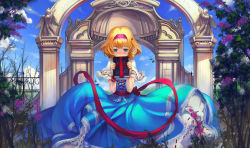 Rule 34 | 1girl, alice margatroid, angel, angel wings, blonde hair, blue eyes, blush, book, capelet, cloud, column, corset, covering own mouth, day, dress, embarrassed, female focus, fence, flower, frills, gathers, grimoire, grimoire of alice, hair ornament, hairband, hairclip, holding, holding book, lace, nature, outdoors, pillar, ribbon, s.advent, sculpture, short hair, short sleeves, skirt, sky, solo, touhou, tree, wind, wings, wrist cuffs
