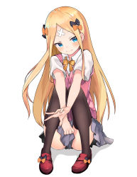 Rule 34 | 1girl, abigail williams (fate), bad id, bad pixiv id, bandaid, bandaid on face, black bow, black thighhighs, blonde hair, blue eyes, blush, bow, cardigan, closed mouth, clothes between thighs, collared shirt, dress shirt, fate/grand order, fate (series), footwear bow, full body, grey skirt, hair bow, highres, hugging own legs, loafers, long hair, looking at viewer, miniskirt, multiple hair bows, orange bow, parted bangs, pleated skirt, polka dot, polka dot bow, red footwear, school uniform, shirt, shoes, short sleeves, simple background, skirt, smile, solo, straight hair, thighhighs, very long hair, white background, white shirt, wing collar, yellow cardigan, yellow neckwear, yoshinobori, zettai ryouiki