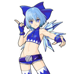 Rule 34 | 1girl, adapted costume, adapted object, bare arms, bare shoulders, belt, blue eyes, blue gloves, blue hair, blue thighhighs, bow, cirno, cowboy shot, crop top, fingerless gloves, gloves, hair bow, ice, ice wings, looking at viewer, matching hair/eyes, midriff, navel, raybar, shorts, solo, thighhighs, thighs, touhou, wings