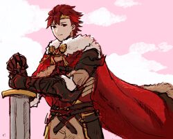 Rule 34 | 1boy, armor, asymmetrical armor, buster sword, cape, diamant (fire emblem), dolly deer, fire emblem, fire emblem engage, floating cape, holding, holding sword, holding weapon, nintendo, red cape, red eyes, red hair, shoulder armor, solo, sword, upper body, weapon