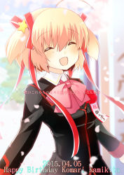 Rule 34 | 10s, 1girl, 2015, ^ ^, ^o^, ahoge, blonde hair, bow, character name, closed eyes, dated, closed eyes, hair ornament, hair ribbon, happy birthday, kamikita komari, little busters!, pink bow, remotaro, ribbon, school uniform, short hair, solo, star (symbol), star hair ornament, translation request, twintails, upper body