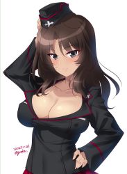 Rule 34 | 1girl, alternate costume, artist name, blue eyes, blush, breasts, brown hair, cleavage, closed mouth, collarbone, covered erect nipples, dated, el (girls und panzer), girls und panzer, hand on own hip, hat, highres, kuromorimine military uniform, kuzuryuu kennosuke, large breasts, long hair, looking at viewer, military, military hat, military uniform, shiny skin, simple background, smile, solo, uniform, upper body, white background