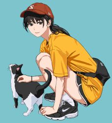Rule 34 | 1girl, bag, black footwear, black hair, black shorts, cat, chainsaw man, highres, long hair, looking at viewer, low twintails, mitaka asa, shiren (ourboy83), shorts, simple background, smile, solo, twintails