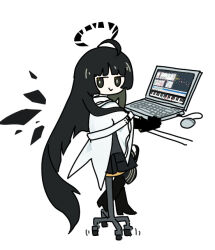 Rule 34 | 1girl, ahoge, arknights, belt, black dress, black eyes, black footwear, black gloves, black hair, black halo, black thighhighs, black wings, blunt bangs, boots, broken halo, chair, chibi, chinese commentary, collared jacket, commentary request, computer, dangling, dark halo, detached wings, dress, elbow gloves, energy wings, fl studio, from side, full body, gloves, halo, hanging legs, high heel boots, high heels, hime cut, jacket, laptop, long hair, looking at viewer, looking to the side, losia, mouse (computer), office chair, on chair, short-sleeved jacket, short sleeves, sidelocks, simple background, sitting, sitting on object, smile, smug, solo, swivel chair, thighhighs, usb, very long hair, virtuosa (arknights), white background, white belt, white jacket, wings, zettai ryouiki