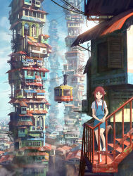 Rule 34 | 1girl, animal ears, brown eyes, cable car, chong feigiap, cityscape, highres, leaning, long hair, looking at viewer, red hair, scenery, school uniform, solo, stairs, standing, tail, tower