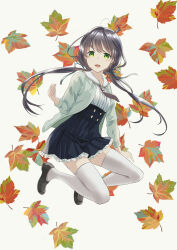 Rule 34 | 1girl, :d, autumn leaves, black footwear, black hair, black skirt, brown necktie, commentary request, floating hair, frilled skirt, frills, full body, green eyes, grey background, grey jacket, highres, jacket, loafers, looking at viewer, low twintails, naruse chisato, necktie, open clothes, open jacket, open mouth, original, pleated skirt, sailor collar, shirt, shoes, simple background, skirt, smile, solo, thighhighs, twintails, white sailor collar, white shirt, white thighhighs
