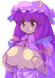 Rule 34 | 1girl, :&lt;, blush, breast hold, breasts, breasts out, covering privates, covering breasts, covering nipples, crescent, eruichi (redphantom), female focus, hair ribbon, hat, large breasts, long hair, no bra, open clothes, open shirt, patchouli knowledge, purple eyes, purple hair, red phantom, ribbon, shirt, simple background, solo, tears, touhou, very long hair, white background