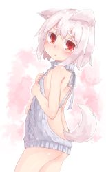 Rule 34 | 1girl, absurdres, animal ears, ass, backless dress, backless outfit, bare arms, bare back, bare shoulders, drawstring, dress, from behind, grey sweater, highres, inubashiri momiji, kibisake, looking at viewer, meme attire, naked sweater, pink background, red eyes, solo, sweater, sweater dress, tail, thick eyebrows, touhou, turtleneck, turtleneck sweater, virgin killer sweater, white background, white hair, wolf ears, wolf tail