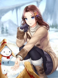 Rule 34 | 1girl, :d, bad id, bad pixiv id, black gloves, black pantyhose, blue eyes, blue flower, blurry, blurry background, boots, brown footwear, brown hair, coat, final fantasy, final fantasy xiv, flower, food, gigamessy, gloves, grey skirt, hair flower, hair ornament, holding, holding clothes, holding gloves, long hair, miniskirt, open mouth, original, outdoors, pantyhose, pleated skirt, red flower, ribbed sweater, skirt, smile, snowing, snowman, solo, sweater, unworn gloves, warrior of light (ff14), white sweater, winter, yellow flower