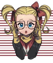Rule 34 | 1girl, bad id, bad pixiv id, blonde hair, blue eyes, dragon quest, dragon quest builders 2, earrings, female builder (dqb2), glasses, gloves, jewelry, long hair, looking at viewer, open mouth, shousan (hno3syo), twintails