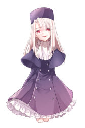 Rule 34 | 1girl, :d, arms behind back, capelet, cropped legs, dress, fate/stay night, fate (series), fur hat, hair between eyes, hat, head tilt, highres, illyasviel von einzbern, layered dress, long hair, looking at viewer, open mouth, papakha, purple capelet, purple dress, purple hat, red eyes, ro96cu, silver hair, simple background, smile, solo, standing, straight hair, white background, white neckwear
