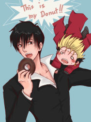 Rule 34 | 2boys, black eyes, black hair, blonde hair, blush, blush stickers, boots, chibi, coat, doughnut, earrings, english text, food, formal, gloves, holding, jewelry, long coat, male focus, multiple boys, nicholas d. wolfwood, o o, open collar, open mouth, red coat, short hair, simple background, single earring, spiked hair, suit, sweat, sweatdrop, text focus, trigun, upper body, vash the stampede