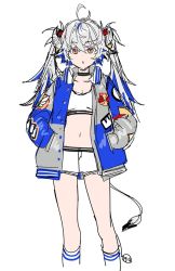 Rule 34 | 1girl, antenna hair, black choker, breasts, choker, crop top, goat girl, goat horns, goat tail, hands in pockets, horns, jacket, long hair, looking at viewer, midriff, nagu, navel, open clothes, open jacket, red bull, shirt, short shorts, shorts, simple background, sketch, socks, solo, twintails, white background, white hair, white shirt, white shorts, yellow eyes