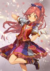 Rule 34 | 10s, 1girl, aikatsu!, aikatsu! (series), ascot, blush, boots, confetti, finger to mouth, frills, gloves, high heel boots, high heels, high ponytail, idol, image sample, leg up, lm7 (op-center), long hair, looking at viewer, orange eyes, otoshiro seira, pink hair, ponytail, puffy sleeves, shoes, short sleeves, sketch, skirt, smile, solo, standing, standing on one leg, white gloves