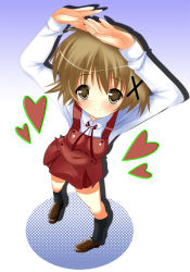 Rule 34 | 00s, 1girl, brown eyes, brown hair, foreshortening, from above, full body, gradient background, hands up, heart, hidamari sketch, looking at viewer, school uniform, short hair, smile, solo, taigi akira, yamabuki high school uniform, yuno (hidamari sketch)