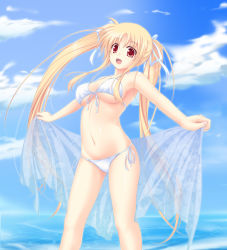 Rule 34 | 00s, 1girl, amicis, bikini, blonde hair, breasts, day, fate testarossa, front-tie top, long hair, lyrical nanoha, mahou shoujo lyrical nanoha, mahou shoujo lyrical nanoha strikers, medium breasts, ocean, red eyes, sarong, see-through sarong, side-tie bikini bottom, sky, smile, solo, swimsuit, twintails, underboob, unworn sarong, water