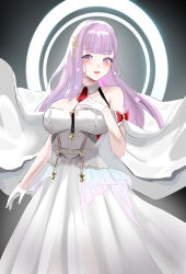 Rule 34 | 1girl, absurdres, azur lane, bare shoulders, blush, bow, breasts, chinese commentary, cleavage, collarbone, detached collar, dress, dress bow, feet out of frame, gloves, hair ornament, hairclip, hand on own chest, highres, large breasts, light purple hair, long hair, looking at viewer, mianbaoren, open mouth, parted lips, plymouth (azur lane), purple eyes, red lips, simple background, smile, solo, standing, white dress, white gloves