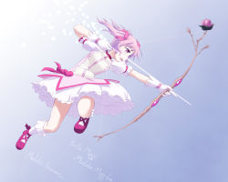 Rule 34 | 10s, 1girl, arrow (projectile), bow (weapon), character name, copyright name, dancho (danch), drawing bow, dress, flower, full body, gloves, gradient background, highres, holding, holding bow (weapon), holding weapon, kaname madoka, magical girl, mahou shoujo madoka magica, mahou shoujo madoka magica (anime), mary janes, pink eyes, pink hair, shoes, socks, solo, weapon, white gloves, white socks