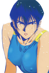 Rule 34 | 1990s (style), 1girl, blue hair, brown eyes, competition swimsuit, covered erect nipples, golden boy, hayami ayuko, highres, kawamoto toshihiro, lipstick, looking at viewer, makeup, official art, one-piece swimsuit, parted lips, red lips, retro artstyle, scabbard, sheath, short hair, simple background, solo, swimsuit, upper body, wet, wet hair, white background