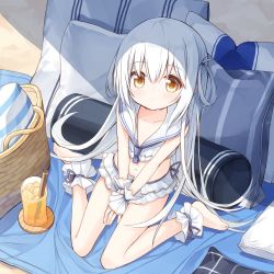 Rule 34 | 1girl, ankle cuffs, barefoot, beach, between legs, bikini, blue neckwear, blush, brown eyes, bunny girl (yuuhagi (amaretto-no-natsu)), closed mouth, commentary request, cup, cushion, day, drinking glass, drinking straw, frilled bikini, frills, from above, hair between eyes, hair rings, hand between legs, ice, ice cube, long hair, looking at viewer, looking up, navel, original, outdoors, pillow, sailor bikini, sailor collar, sand, sitting, solo, striped pillow, swimsuit, very long hair, wariza, white bikini, white hair, white sailor collar, wrist cuffs, yuuhagi (amaretto-no-natsu)