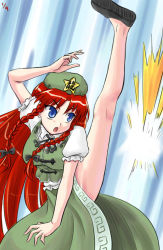 Rule 34 | 1girl, blue eyes, bow, braid, china dress, chinese clothes, collared shirt, dated, dress, female focus, flexible, hair bow, hair ribbon, hat, high kick, hong meiling, kicking, legs, long hair, neck ribbon, open mouth, puffy short sleeves, puffy sleeves, red hair, ribbon, sasuke (sasuke no sato), shirt, short sleeves, side slit, solo, star (symbol), touhou, tress ribbon, twin braids