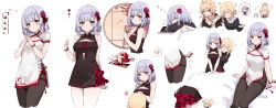 Rule 34 | absurdres, aether (genshin impact), albedo (genshin impact), black dress, blonde hair, braid, china dress, chinese clothes, commentary request, dress, flower, genshin impact, green eyes, hair flower, hair ornament, headpat, heart, highres, holding, holding flower, long hair, lumine (genshin impact), noelle (genshin impact), pantyhose, red flower, red rose, rose, short hair, silver hair, sleeveless, sleeveless dress, spoken expression, white dress, yajuu, yellow eyes