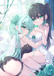 Rule 34 | 2girls, ahoge, angel, angel wings, bare arms, bare shoulders, black choker, black dress, black hair, black panties, blush, breasts, choker, cleavage, clover, clover hair ornament, colored inner hair, commentary request, cross, dress, feathered wings, flower, four-leaf clover, glint, green eyes, green flower, green hair, green ribbon, green rose, hair bun, hair flower, hair ornament, hair ribbon, halo, highres, indoors, large breasts, latin cross, long hair, looking at viewer, looking back, mikaze oto, multicolored hair, multiple girls, original, panties, parted lips, ribbon, rose, short dress, sitting, sleeveless, sleeveless dress, streaked hair, thigh strap, underwear, white choker, white dress, white halo, window, wings