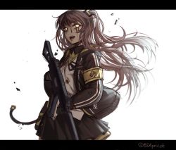 Rule 34 | 1girl, armband, black gloves, black jacket, black ribbon, black skirt, blood, blood on face, brown hair, bsapricot, commentary, girls&#039; frontline, gloves, glowing, glowing eyes, gun, h&amp;k ump, h&amp;k ump, hair ornament, highres, holding, holding gun, holding weapon, jacket, letterboxed, long hair, long sleeves, looking at viewer, name connection, neck ribbon, object namesake, one side up, open clothes, open jacket, open mouth, pleated skirt, ribbon, scar, scar across eye, scar on face, simple background, sketch, skirt, solo, twitter username, ump45 (girls&#039; frontline), very long hair, weapon, white background, yellow eyes