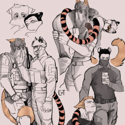 Rule 34 | 2boys, absurdres, animal ears, bara, belt, black hair, blonde hair, bulletproof vest, call of duty, call of duty: modern warfare 2, carrying, carrying person, cat boy, cat ears, cat tail, chibi, closed eyes, covered face, finger to mouth, helmet, highres, holding, holding phone, horangi (modern warfare 2), jacket, kemonomimi mode, konig (call of duty), looking at another, male focus, mask, mouth mask, multiple boys, muscular, muscular male, pants, partially colored, phone, shirt, short hair, shushing, spot color, sundaycat3, sunglasses, tail, tiger boy, tiger ears, tiger tail, yaoi