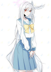 1girl blue_archive blue_sailor_collar blue_skirt bow bowtie commentary_request feet_out_of_frame hair_between_eyes halo head_wings highres long_hair long_skirt long_sleeves looking_at_viewer own_hands_together pasta_bar415 red_eyes sailor_collar school_uniform serafuku simple_background single_head_wing skirt smile solo suzumi_(blue_archive) very_long_hair white_hair wings yellow_bow yellow_bowtie