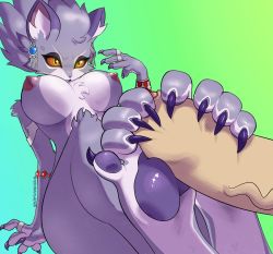 Rule 34 | 1girl, alternate form, animal ears, animal hands, armlet, bracelet, breasts, cat ears, cat girl, cat tail, claws, colored sclera, earrings, fangs, footjob, furry, highres, isabella (seiken densetsu 3), jewelry, nipples, penis, purple fur, purple hair, red sclera, ring, seiken densetsu, seiken densetsu 3, sharkysocks, slit pupils, tail, uncensored