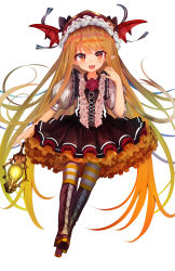 Rule 34 | 1girl, :d, bad id, bad pixiv id, bat wings, blonde hair, boots, bow, brown bow, brown footwear, brown skirt, brown vest, cross-laced footwear, fang, fingernails, flower, frills, full body, granblue fantasy, halloween, hand up, head tilt, head wings, high heel boots, high heels, highres, holding, holding lantern, lace-up boots, lantern, long hair, marisayaka, nail polish, open mouth, pantyhose, pleated skirt, pointy ears, puffy short sleeves, puffy sleeves, red eyes, red flower, red nails, red rose, red wings, rose, shingeki no bahamut, shirt, short sleeves, simple background, sitting, skirt, smile, solo, striped clothes, striped pantyhose, vampy, very long hair, vest, white background, white shirt, wings