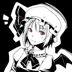 Rule 34 | 1girl, black background, fang, female focus, greyscale, hat, lock heart (juuryokudou), looking at viewer, monochrome, red eyes, remilia scarlet, simple background, smile, solo, spot color, touhou, wings