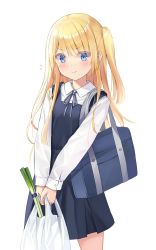 Rule 34 | 1girl, bag, blonde hair, blue bag, blue dress, blue eyes, blush, closed mouth, commentary request, cowboy shot, dress, dress shirt, flying sweatdrops, grocery bag, highres, holding, long hair, long sleeves, looking at viewer, na-ga, neck ribbon, one side up, original, pinafore dress, plastic bag, pleated dress, ribbon, school bag, shirt, shopping bag, shoulder bag, sidelocks, simple background, sleeveless dress, smile, solo, spring onion, standing, white background, white shirt
