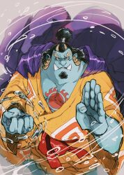Rule 34 | 1boy, black hair, blue skin, clenched hand, coat, coat on shoulders, colored skin, cowboy shot, curly eyebrows, facial hair, fins, fish boy, frown, goatee, highres, hydrokinesis, ippaiotabe mkw, japanese clothes, jinbe (one piece), karate, kimono, large pectorals, looking at viewer, male focus, mature male, muscular, muscular male, one piece, open hand, orange kimono, pectoral cleavage, pectorals, pointy ears, serious, solo, tusks, water