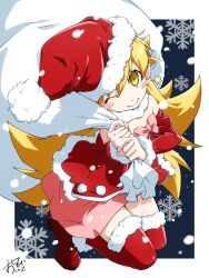 1girl blonde_hair blush_stickers boots christmas closed_mouth detached_sleeves dress earrings fang fang_out fur_trim hat highres holding jewelry long_hair looking_at_viewer monogatari_(series) one_eye_closed oshino_shinobu oshinobi_shinobu pink_skirt red_footwear red_sleeves red_thighhighs sack santa_boots santa_costume santa_hat signature skirt smile snowflakes snowing solo star_(symbol) star_earrings thigh_boots thighhighs yellow_eyes