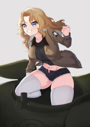 Rule 34 | 1girl, absurdres, black shirt, blonde hair, blue eyes, blue shorts, brown jacket, clenched hand, commentary, cutoffs, denim, denim shorts, emblem, girls und panzer, grey background, grin, hair intakes, highres, jacket, kay (girls und panzer), knee up, long hair, long sleeves, looking at viewer, m4 sherman, micro shorts, midriff, military uniform, military vehicle, motor vehicle, navel, on vehicle, open clothes, open jacket, saunders military uniform, shirt, shorts, simple background, smile, solo, standing, star (symbol), tank, tenpura32200, thighhighs, uniform, white thighhighs