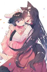 Rule 34 | 2girls, :d, ^ ^, absurdres, animal ears, bare legs, black hair, bow, brown hair, carrot necklace, closed eyes, confetti, dress, hair bow, happy, haruwaka 064, highres, imaizumi kagerou, inaba tewi, interlocked fingers, jewelry, long hair, long sleeves, looking at another, multiple girls, necklace, open mouth, pink bow, pink dress, rabbit ears, short hair, simple background, smile, tail, touhou, very long hair, white background, wing collar, wolf ears, wolf tail, yuri