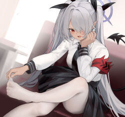 Rule 34 | 1girl, absurdres, armband, black skirt, black tail, blue archive, blush, collared shirt, grey hair, hair over one eye, halo, highres, iori (blue archive), long hair, long sleeves, nagata gata, open mouth, pantyhose, pointy ears, purple halo, red armband, red eyes, shirt, skirt, solo, twintails, white pantyhose, white shirt
