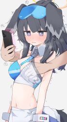 Rule 34 | 1boy, 1girl, ?, animal ears, black hair, blue archive, breasts, cellphone, cleavage, dog ears, dog girl, dog tail, eyewear on head, grabbing, grabbing another&#039;s breast, grabbing from behind, hetero, hibiki (blue archive), hibiki (cheer squad) (blue archive), highres, holding, holding phone, medium breasts, midriff, mikozin, navel, official alternate costume, phone, purple eyes, solo focus, spoken question mark, sunglasses, sweat, tail